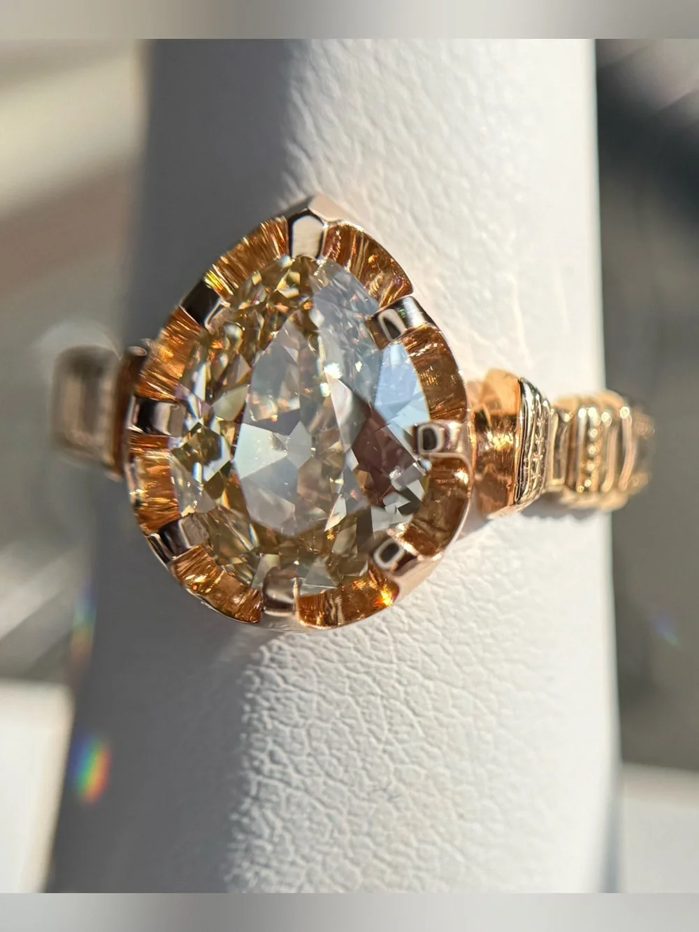 2.14 carat GIA Fancy Yellow-Brown Antique Cut Pear Natural Diamond Ring